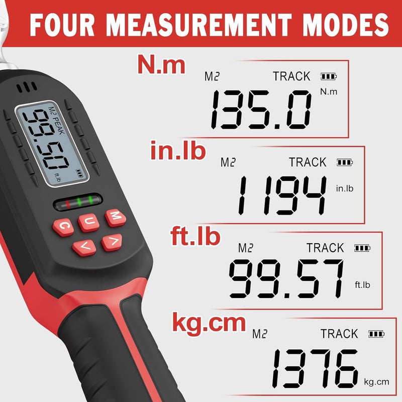 VANPO Digital Torque Wrench 3/8-Inch Drive 5-99.5 ft-lbs./6.8-135Nm, ±2% Torque Accuracy, Electronic Torque Wrench with Preset Value, Buzzer and LED Notification for Automotive Motorcycle & Bicycle - Image 4